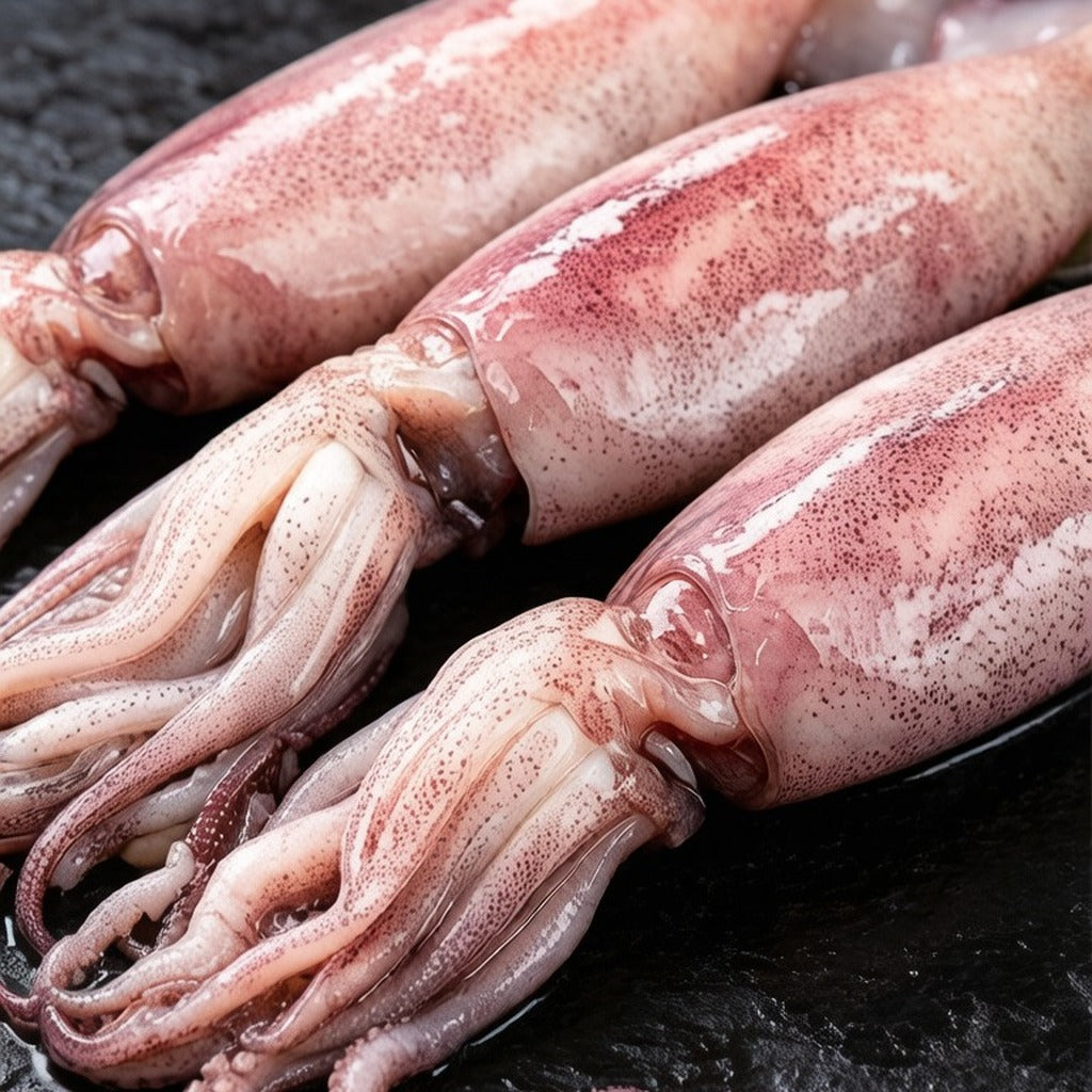 Raw whole squid laid out on dark slate