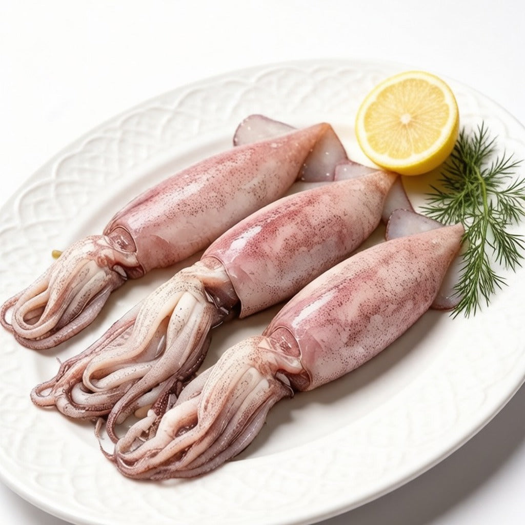 Three whole squid on a white platter with lemon and dill