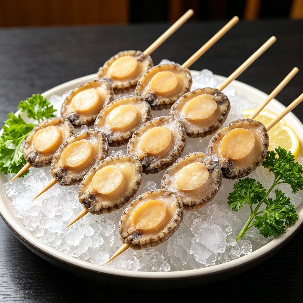 Abalone meat threaded onto skewers over crushed ice with parsley