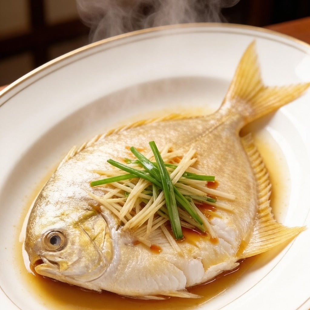 Two whole pomfret with golden fins arranged on crushed ice with lemon