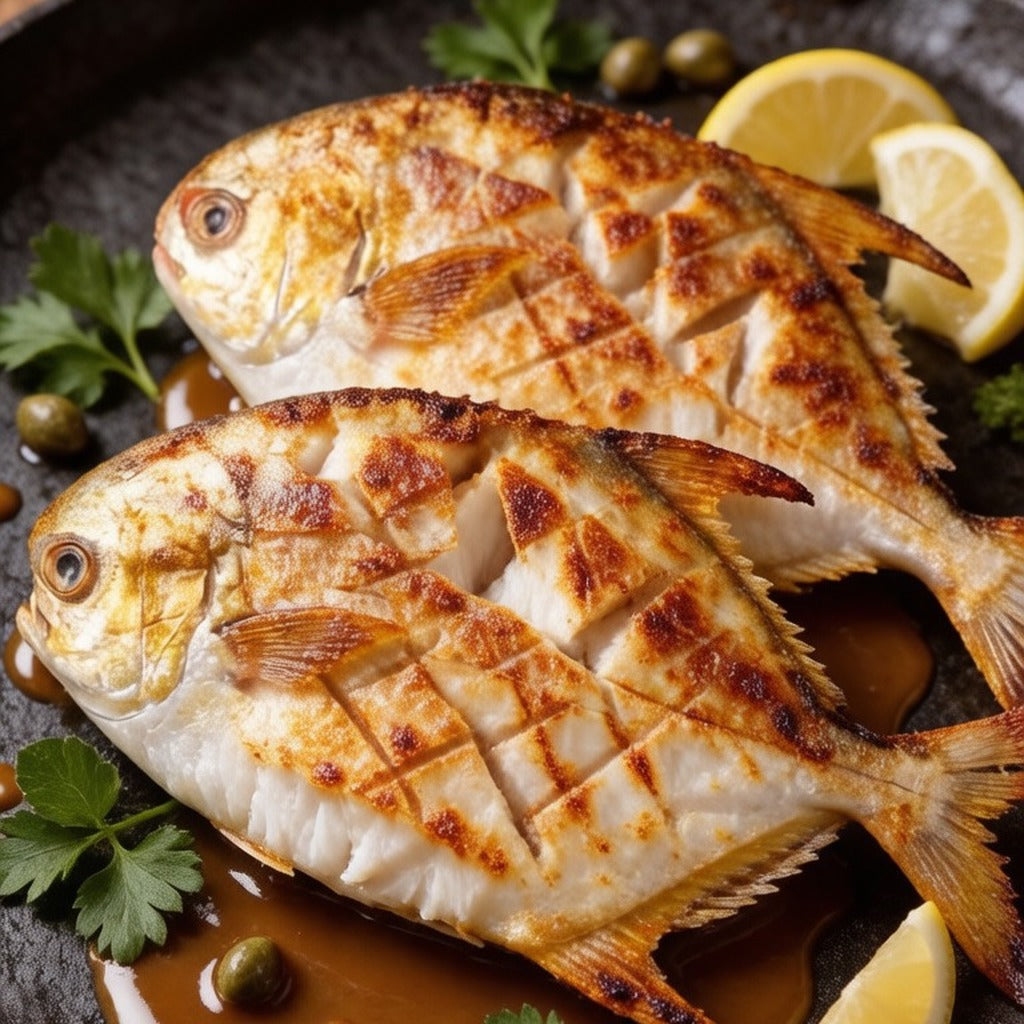 Two scored pomfret pan-fried golden with lemon and capers