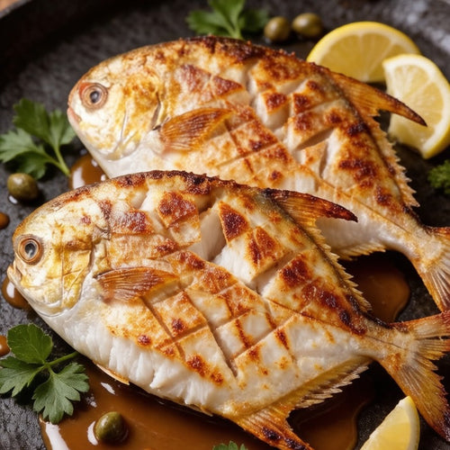 Two scored pomfret pan-fried golden with lemon and capers