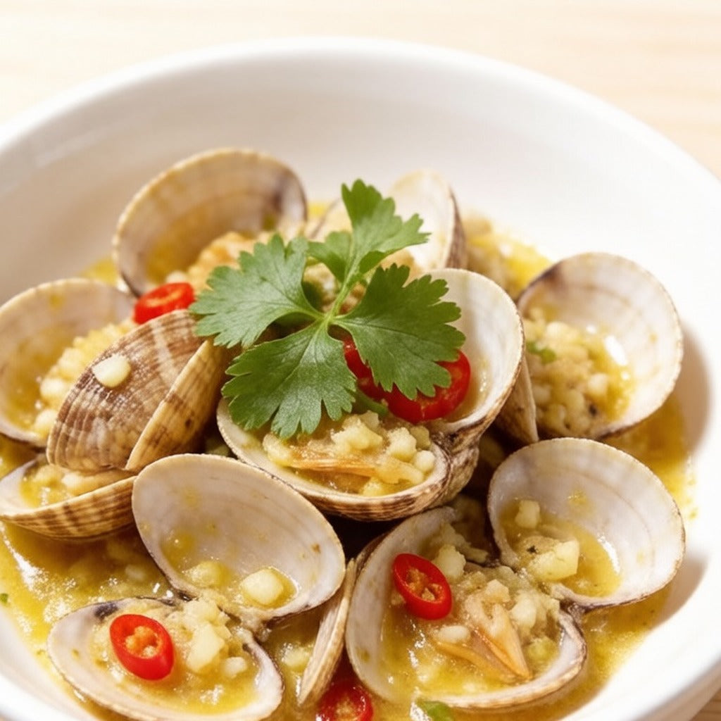 Stir-fried clams tossed with garlic, chilli and coriander