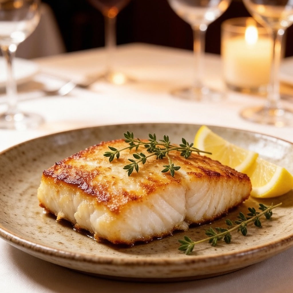 Pan-seared cod loin on a ceramic plate with lemon and thyme