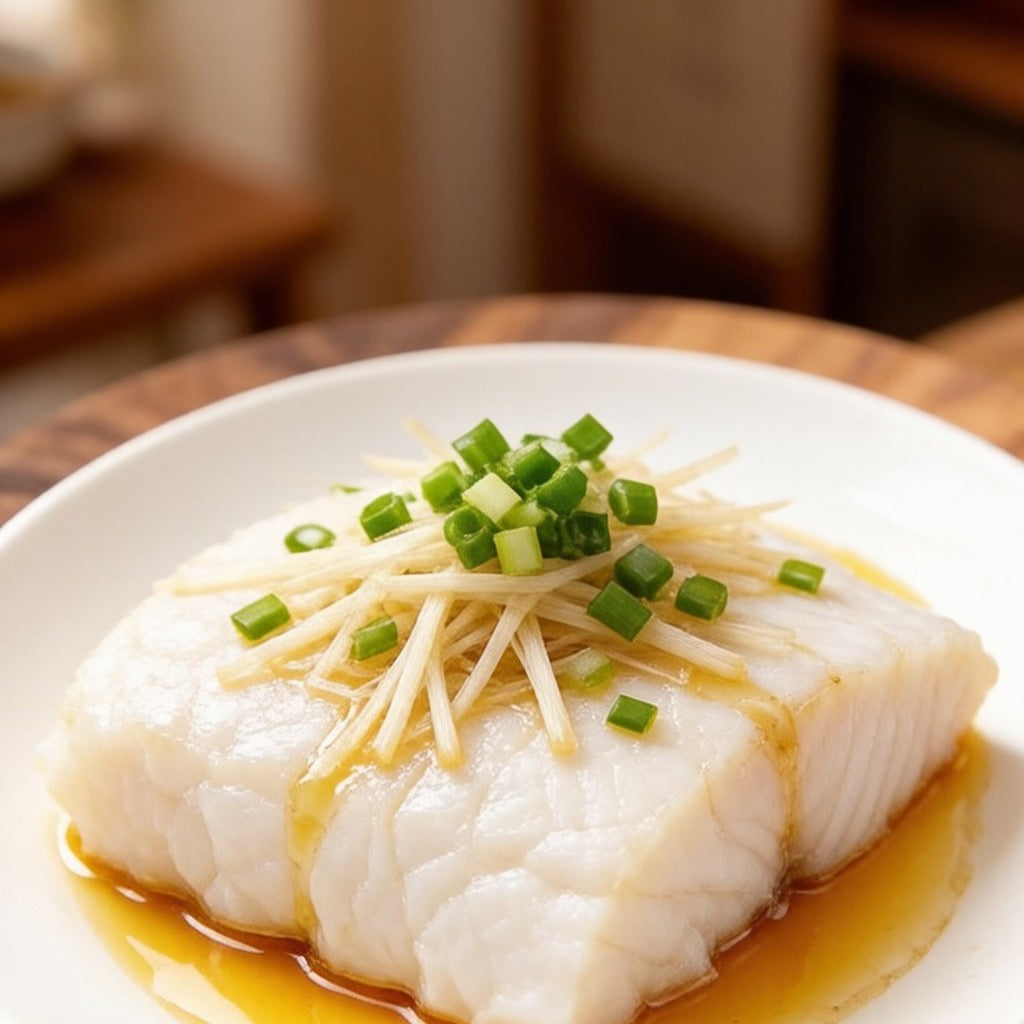Two thick raw cod loin rounds on a white plate