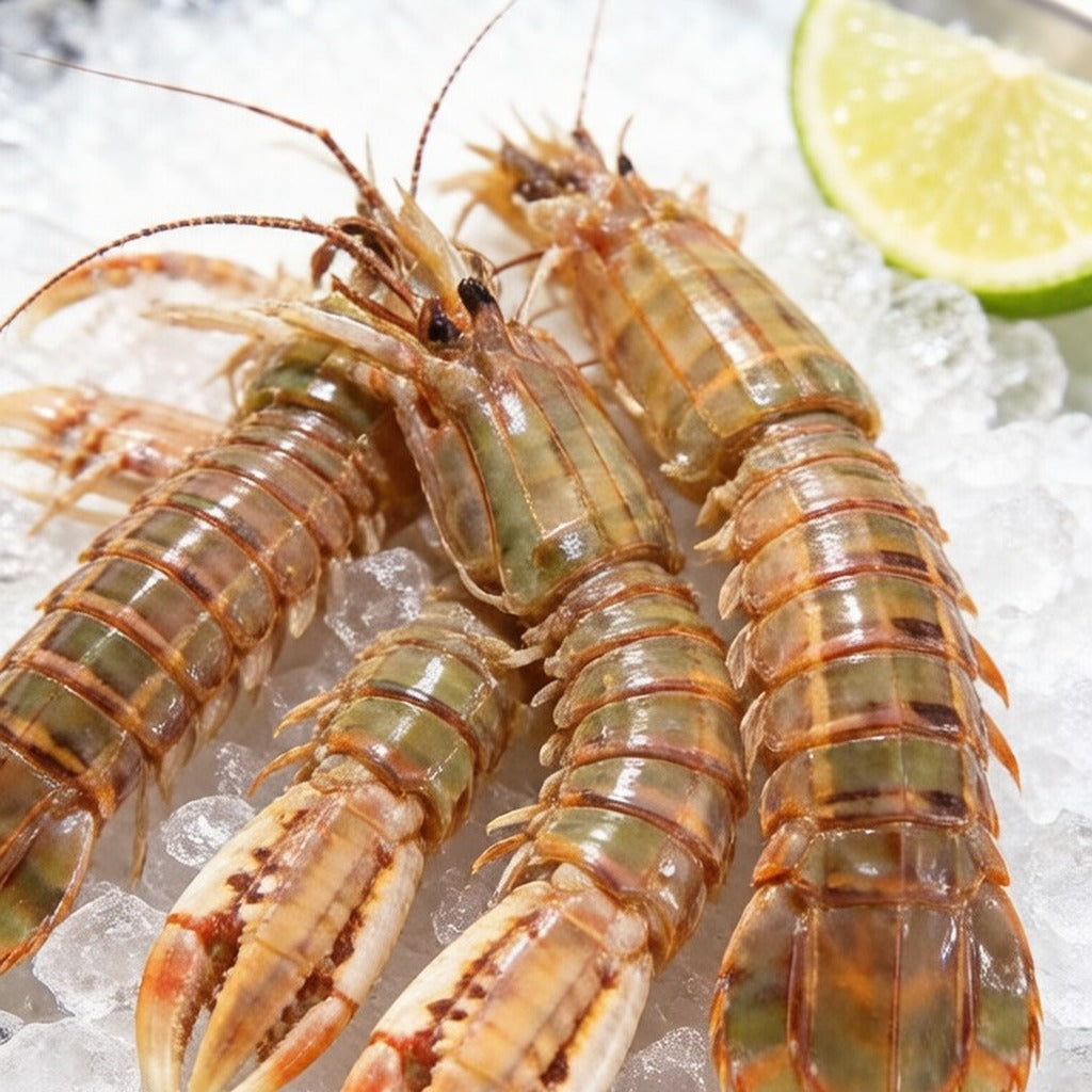 Grilled mantis shrimp plated with rosemary and lime