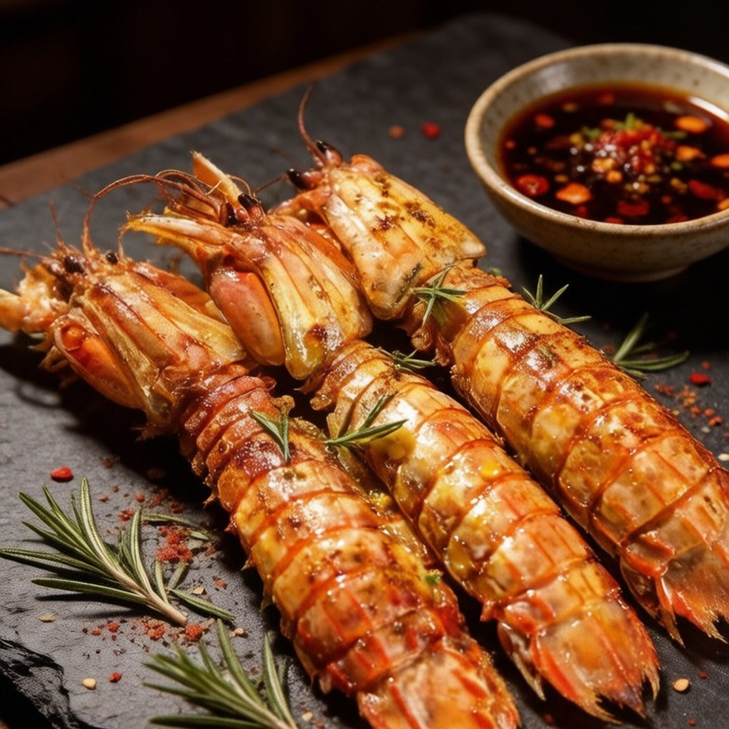 Raw mantis shrimp arranged on crushed ice with lime halves