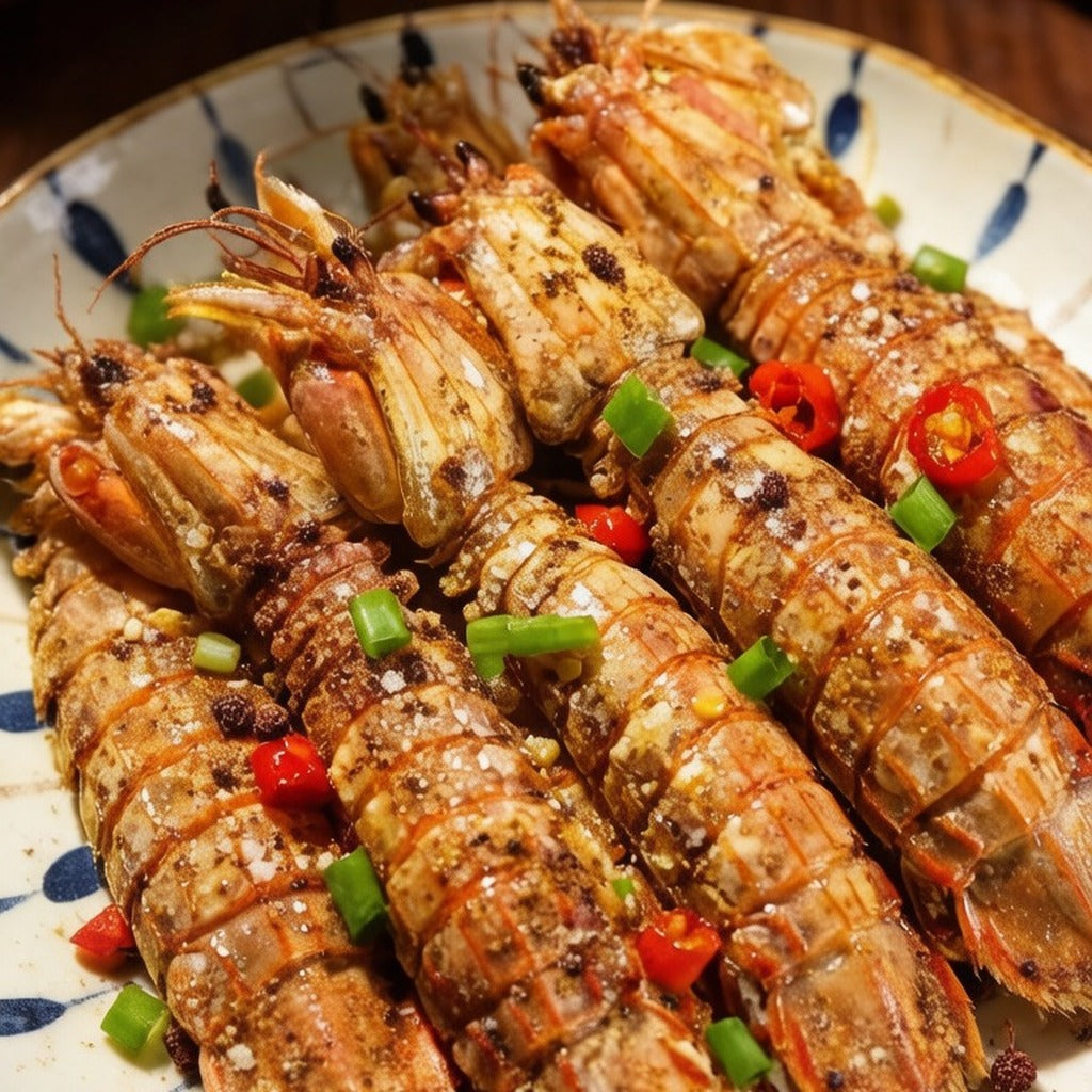 Cooked mantis shrimp tossed with chilli, garlic and scallion