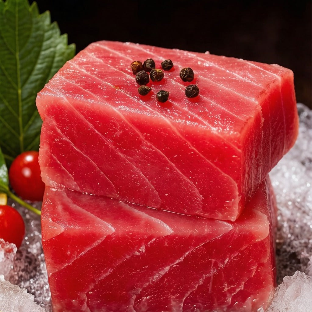 Two cubed tuna blocks topped with peppercorns resting on crushed ice