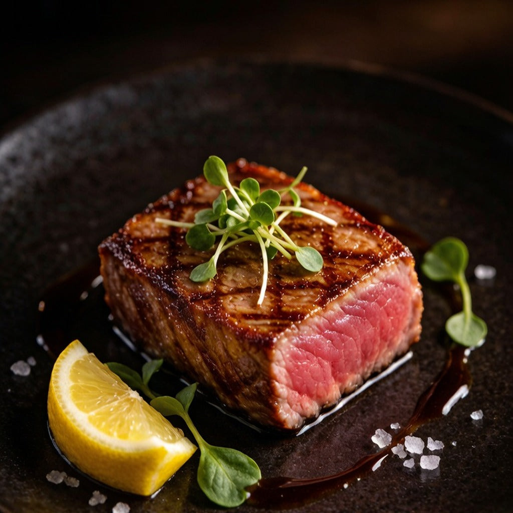 Seared tuna steak on a dark plate with lemon wedge and micro herbs