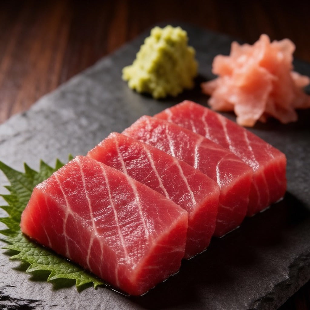 Row of tuna sashimi slices on slate with wasabi and pickled ginger