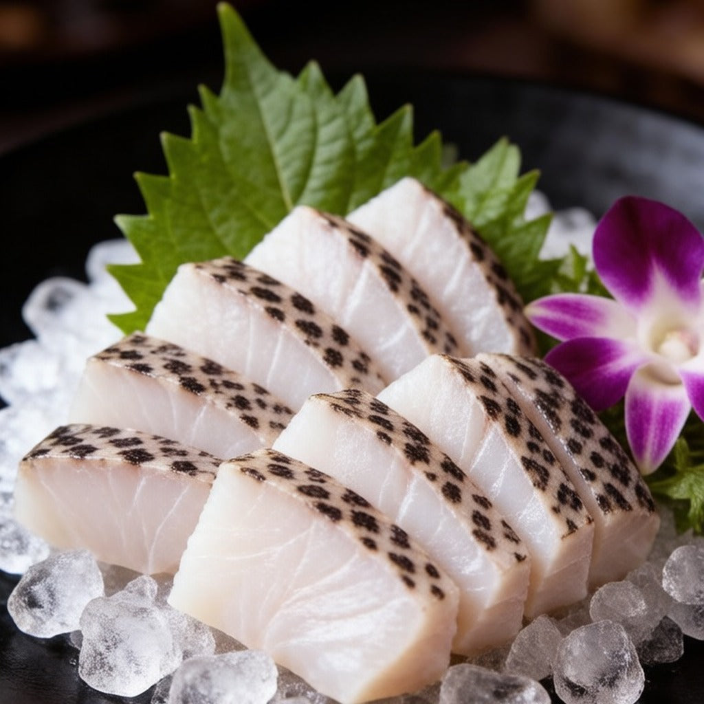 Grouper sashimi slices fanned over crushed ice with shiso and orchid